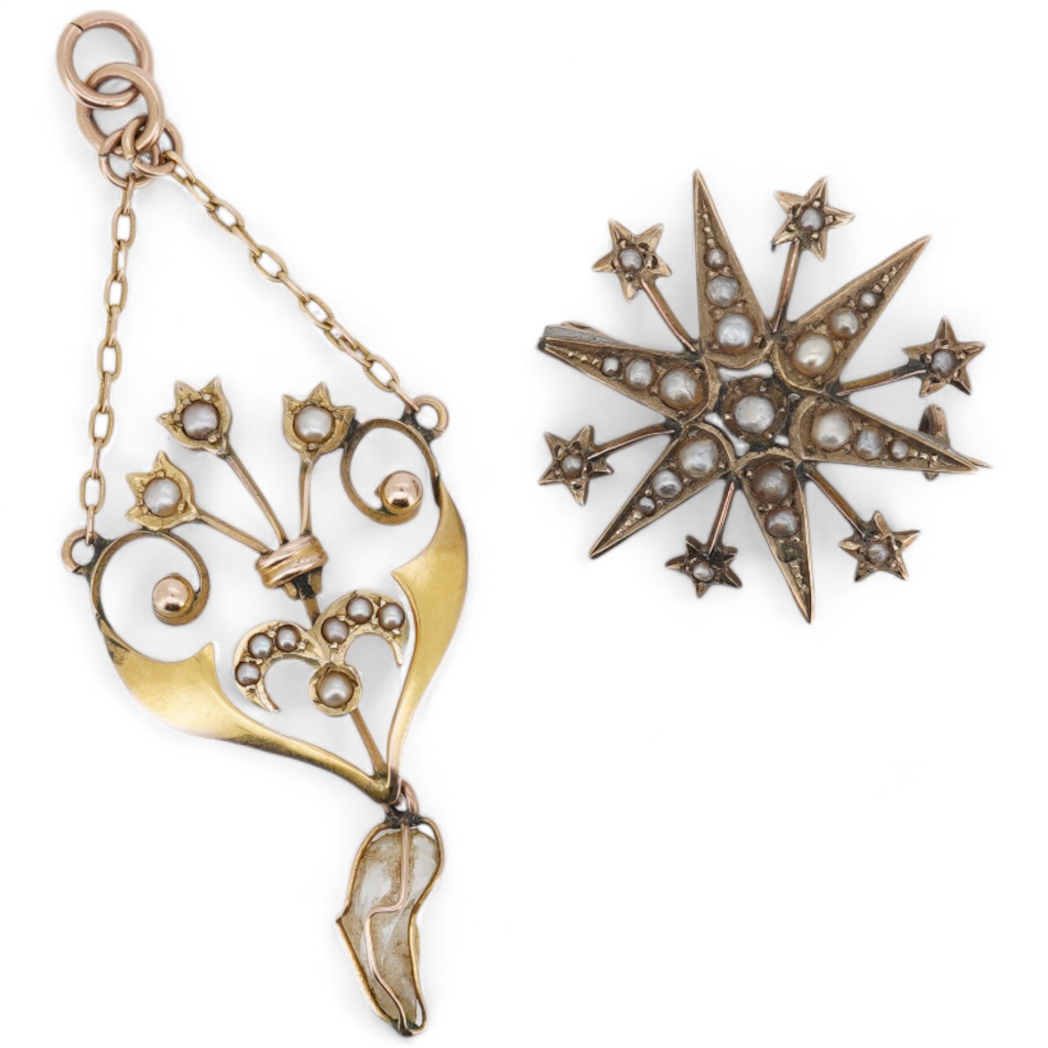 An Edwardian Art Nouveau 9ct, seed and baroque pearl set drop pendant, overall 55mm, together with an Edwardian style 9ct gold and seed pearl set starburst brooch.